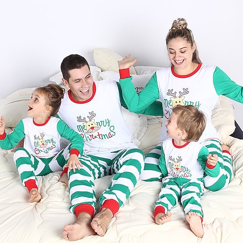

Familie Weihnachten Pyjamas Tier Buchstabe Heim Bedruckt Grün Langarm Mama und ich Outfits Aktiv Passende Outfits