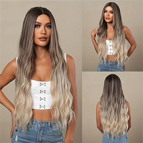 

Brown Ombre Blonde Long Water Wave Hair Wigs Synthetic Middle Part Wavy Wigs For Women For Daily Party Cosplay Wear