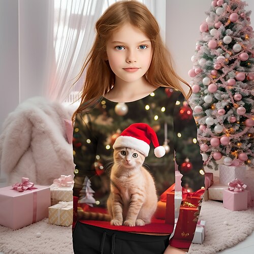 

Natal Para Meninas 3D Gato Camiseta Camisa Manga Longa Impressão 3D Outono Inverno Ativo Moda Estilo bonito Poliéster Infantil 3-12 anos Gola Redonda Ao ar livre Casual Diário Normal