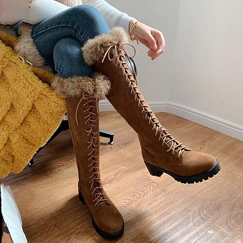 

Mujer Botas Botas de nieve Zapatos de gamuza Botas de invierno Fiesta Exterior Diario Forrado con Lana Botas hasta la rodilla Talón de bloque Dedo redondo Vintage Moda Felpa Ante Cordones Color sólido