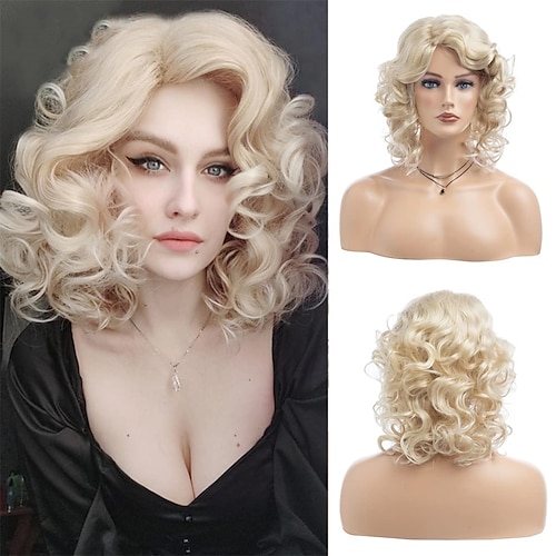 

Kurze lockige blonde Perücke für Damen, weiche synthetische, hitzebeständige Partykostüme, Halloween-Perücken