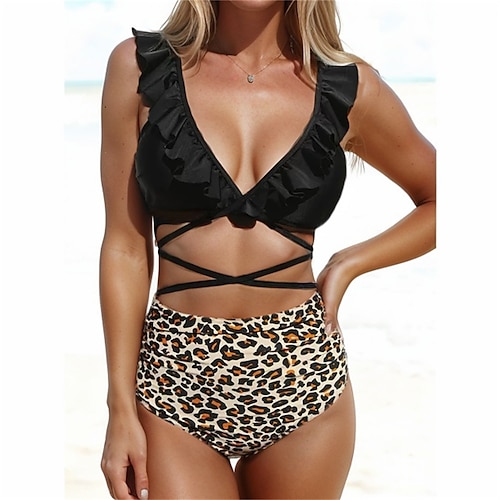 

Women's Swimwear Bikini 2 Piece Normal Swimsuit Ruffle 2 Piece Leopard Print Black Bathing Suits Sports Beach Wear Holiday