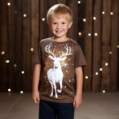 

Christmas Boys 3D Elk Deer Tee Skirt Short Sleeve 3D Print Fall Active Sports Fashion Polyester Kids 3-12 Years Outdoor Casual Daily Regular Fit