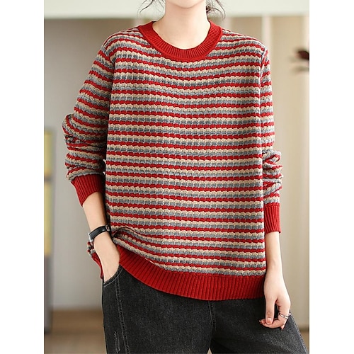 

Damen Pullover Rundhalsausschnitt Gerippt Stricken Polyester Streifen Strick Herbst Winter Standard Outdoor Täglich Ausgehen Modisch Strassenmode Brautkleider schlicht Langarm Gestreift Schwarz Gelb