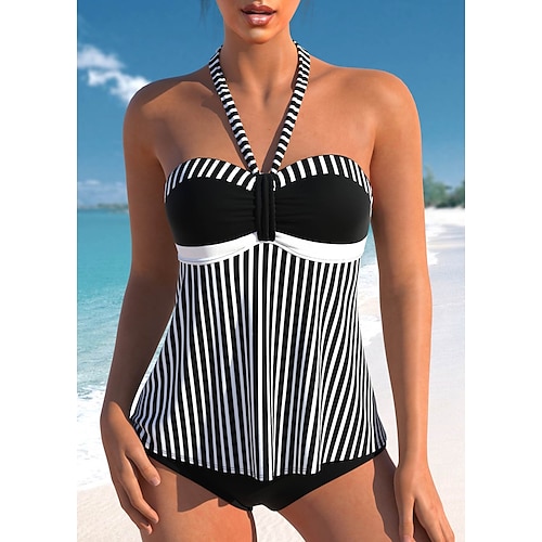 

Mulheres Roupa de Banho Tankini 2 partes Normal roupa de banho 2 Peças Estampado Listrado Preto Malha Íntima Fatos de banho Sensual Roupa de Praia Verão