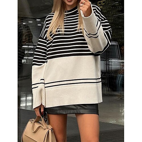 

Women's Pullover Sweater Jumper Crew Neck Ribbed Knit Wool Patchwork Fall Winter Regular Outdoor Daily Going out Stylish Casual Soft Long Sleeve Striped White Beige S M L