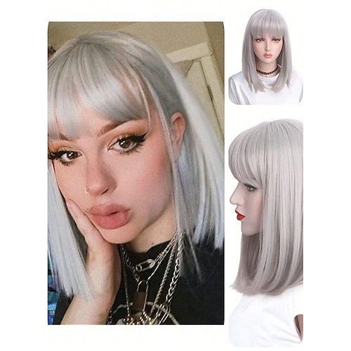 

Kurze silbergraue Bob-Haarperücken mit Pony, gerade synthetische Cosplay-Tagesparty-Perücke für Frauen, natürlich, mit Perückenkappe