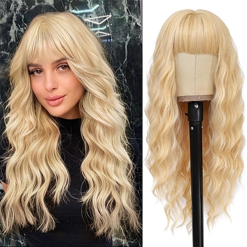 

Blonde Wigs with Bangs Long Wavy Wigs for Women 26 Inches Synthetic Heat Resistant Wig Natural Looking Realistic Wigs for Daily Party Use