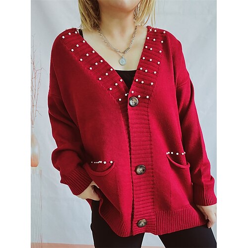 

Women's Cardigan V Neck Cable Knit Polyester Button Knitted Fall Winter Regular Outdoor Daily Going out Fashion Streetwear Casual Long Sleeve Solid Color Black Pink Wine S M L