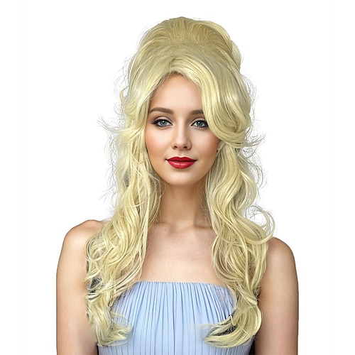 

Long Curly Wig with Bangs Beehive Wig Big Layered Fluffy Wavy Wig Singer Cosplay Costume Wigs Party Favors Women Men (Long Blonde Beehive Wig)