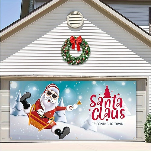 

Christmas Outdoor Garage Door Cover Xmas Door Banner Santa Fnny Large Door Mural Christmas Backdrop Decoration for Holiday Home Wall Decorations