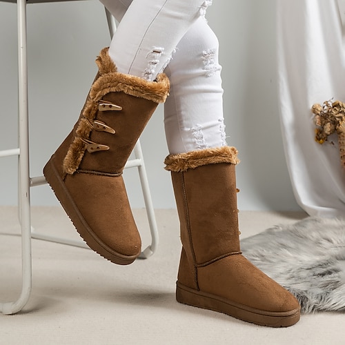 

Women's Boots Snow Boots Plus Size Winter Boots Outdoor Daily Solid Color Knee High Boots Mid Calf Boots Winter Buckle Button Flat Heel Round Toe Plush Casual Comfort Walking Faux Fur Faux Suede