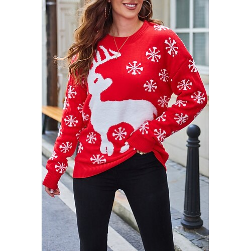 

Women's Christmas Sweaters Crew Neck Ribbed Knit Polyester Knitted Fall Winter Regular Outdoor Home Christmas Vacation Fashion Casual Long Sleeve Elk Snowflake Red S M L