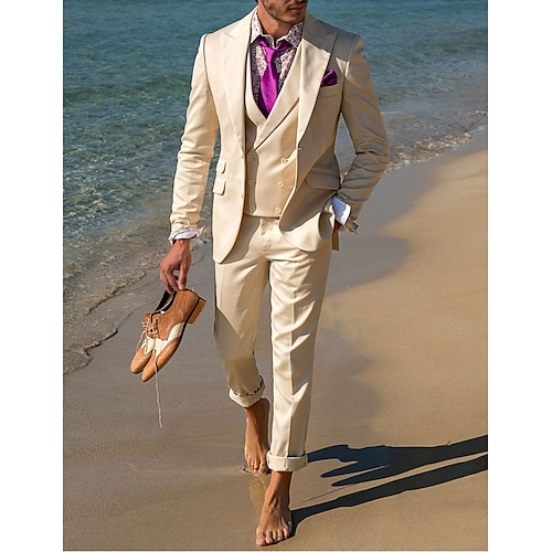 

Trajes de boda de playa para hombre beige color liso 3 piezas diario talla grande botonadura simple dos botones primavera/verano 2023