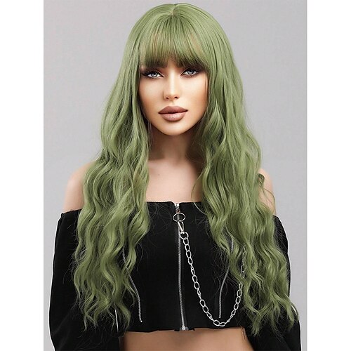 

Water Wave Wigs With Bangs Green Color 28 Inch Heat Resistant Fiber Long Wavy Deep Wave Synthetic Wigs For Women Party Daily Used