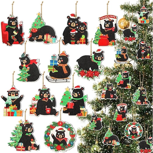 

24 piezas de adornos colgantes de madera de oso de Navidad, conjunto de adornos de la familia de osos, decoración colgante de madera para decoración del árbol de Navidad, adorno de árbol de Navidad de