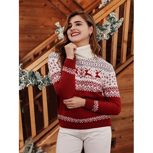 

Women's Christmas Sweaters Turtleneck Ribbed Knit Polyester Knitted Fall Winter Regular Outdoor Christmas Daily Streetwear Stylish Casual Long Sleeve Elk Snowflake Red S M L