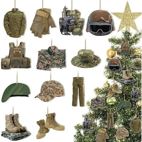 

24 Stück kreative Armee-Weihnachtsparty-Ornamente aus Holz, Armee-Feiertagsdekorationen, hängende Ornamente, Weihnachtsbaum-Heimdekorationen