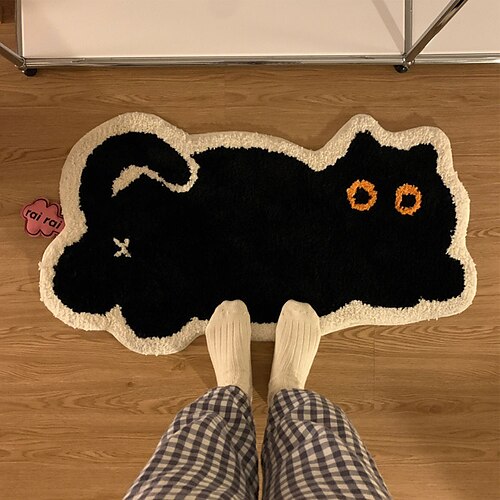 

Bonito dos desenhos animados imitação de cashmere tapete estilo minimalista pequeno gato preto entrada tapete quarto cabeceira decoração pé tapete