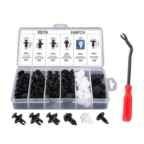 

100pcs Boxed Buckle, Car Universal Buckle Set, Nylon Buckle, Bumper Buckle, Fixing Clip Kit With Removal Fastener Tool, Door Panel Clip (100pcs Boxed Buckle 6 Inch/15.24 Cm Red Handle Tool