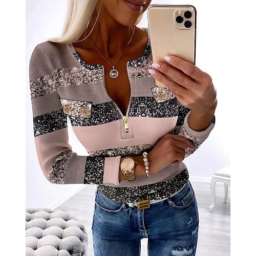 

Damen T Shirt Farbblock Rosa Blau Purpur Bedruckt Viertel Postleitzahl Langarm Täglich Wochenende Modisch Rundhalsausschnitt Troyer Halber Reißverschluss Regular Fit Frühling Herbst