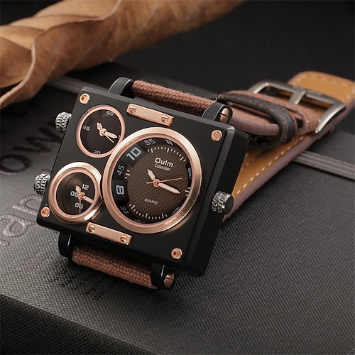 

Oulm Männer Quarzuhr kreative Mode lässig Armbanduhr drei Zeitzonen wasserdicht Dekoration Leinwand Uhr