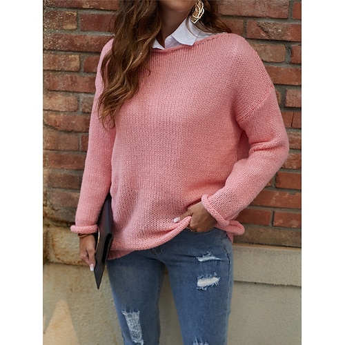 

Pull Femme Crocheté Tricoter Col Ras du Cou Polyester Tricoté Automne Hiver Normal Extérieur du quotidien Sortie Vacances Mode Décontractées manche longue Couleur unie Rose Claire S M L