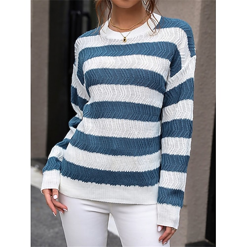 

Mujer Suéter de punto Cuello Barco Estriado Tejer Acrílico Retazos Otoño Invierno Regular Exterior Diario Noche Elegante Casual Suave Manga Larga A Rayas Azul Piscina S M L