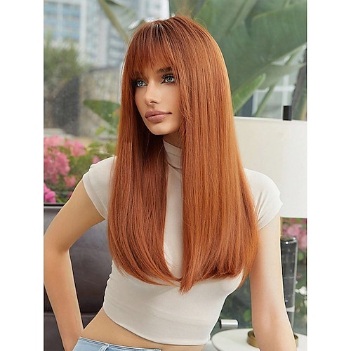 

Orange Cosplay Synthetic Hair Wigs For Daily Wear, With Bangs amp; Medium Length amp; Straight Hair Style