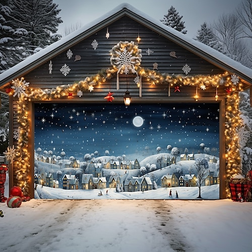 

Couverture de porte de garage extérieure de noël, ville enneigée, bannière de porte de noël, grande porte murale, décoration de toile de fond de noël pour décorations murales de maison de vacances