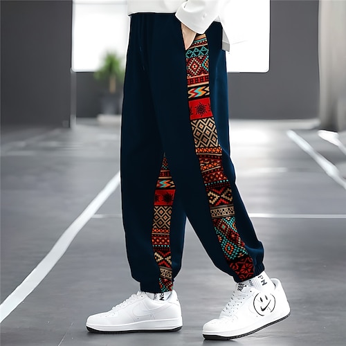 

Men's Sweatpants Joggers Trousers Patchwork Drawstring Elastic Waist Color Block Comfort Breathable Casual Daily Holiday Sports Ethnic Style Black Navy Blue