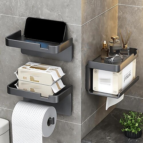 

Organize Your Bathroom with This Wall-Mounted Toilet Roll Paper Holder Mobile Phone Storage Shelf! , Bathroom Organizers Storage