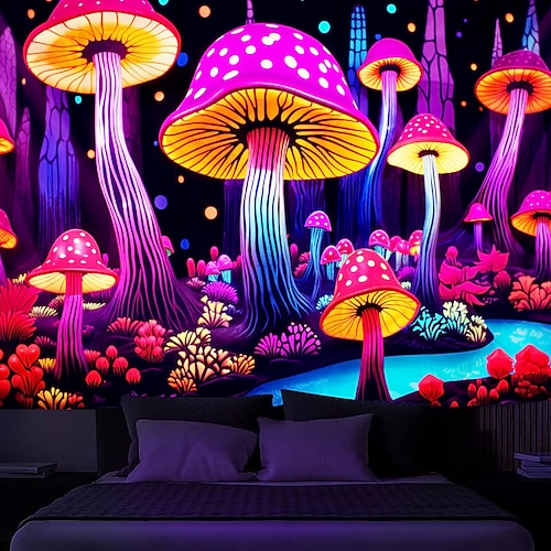  cogumelo fantasia luz negra tapeçaria brilha no escuro festa brilhante uv reativo psicodélico paisagem natural tapeçaria pendurada arte de parede mural para sala de estar quarto