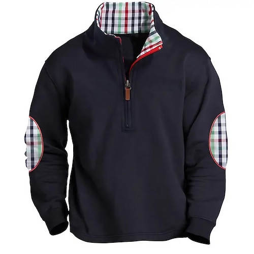 

Men's Sweatshirt Quarter Zip Sweatshirt Navy Blue Standing Collar Plaid Color Block Patchwork Sports Outdoor Daily Holiday Streetwear Basic Casual Spring Fall Clothing Apparel Hoodies