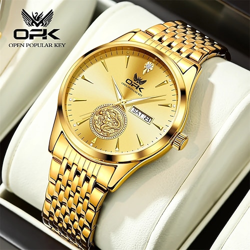 

Reloj de cuarzo opk para hombre, reloj de pulsera dorado con diseño de dragón de diamantes de lujo, reloj luminoso resistente al agua de acero inoxidable con calendario para hombre