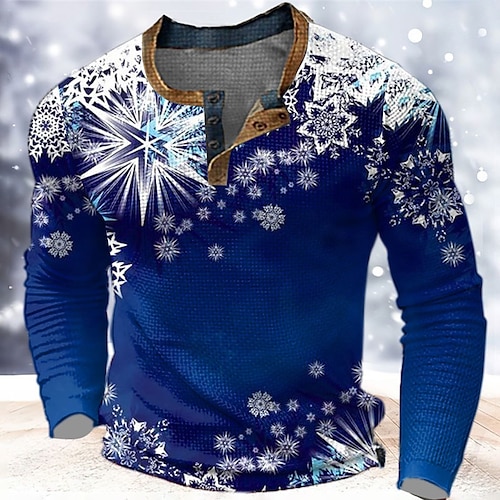 

Graphic Snowflake Fashion Designer Casual Men's 3D Print Henley Shirt Waffle T Shirt Sports Outdoor Holiday Festival Christmas T shirt Blue Red & White Green Long Sleeve Henley Shirt Spring & Fall