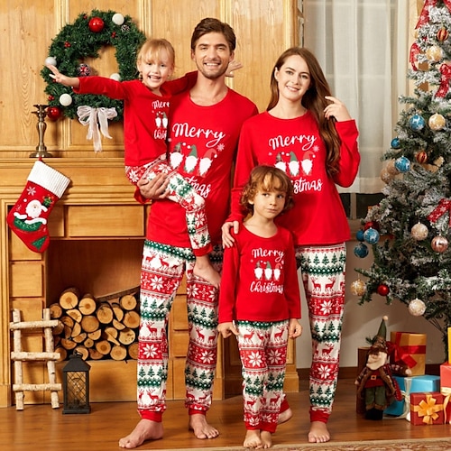 

Family Christmas Pajamas Graphic Letter Home Print Red Long Sleeve Mommy And Me Outfits Active Matching Outfits