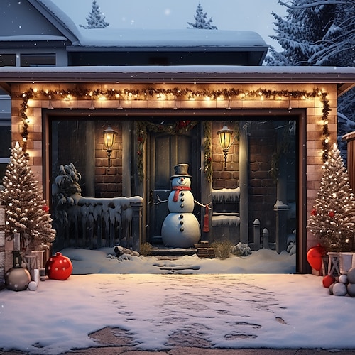 

Christmas Outdoor Garage Door Cover Snowman Xmas Door Banner Party Large Door Mural Christmas Backdrop Decoration for Holiday Home Wall Decorations