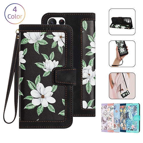 

Phone Case For Samsung Galaxy S23 Ultra Plus S23 S22 S22 Plus Ultra S21 FE S21 A54 A34 A14 A53 A33 A23 A13 A32 A52 Back Cover with Stand Holder Magnetic with Lanyard Retro Flower Floral TPU PU