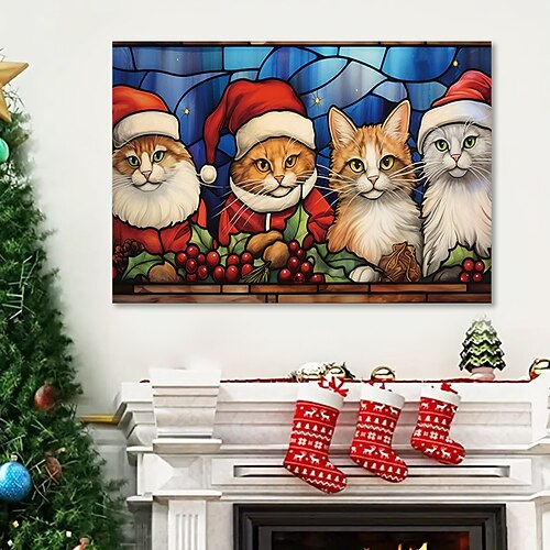 

Animals Wall Art Canvas Christmas Cute Cat Prints and Posters Animals Pictures Decorative Fabric Painting For Living Room Pictures No Frame