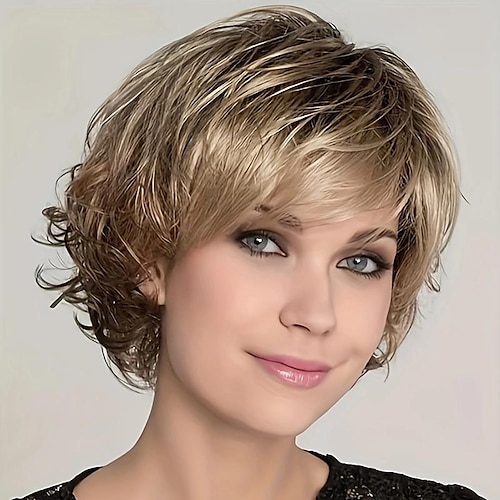 

Perruque de 12 pouces pour femme, courte, ondulée, blonde, brune, synthétique mixte avec frange, perruque en fibre résistante à la chaleur pour femme, aspect naturel ou perruque, cadeau pour mère,