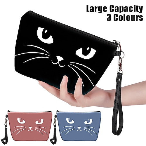 

Bolso de maquillaje para mujer, bolso de mano, bolso de cosméticos, piel sintética, fiesta, vacaciones, viajes, estampado, bolso para bolígrafos, gran capacidad, plegable, ligero, gato, negro, rosa, azul