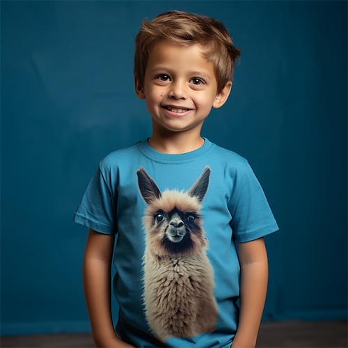 

3D-Alpaka-T-Shirt-Rock für Jungen, kurzärmelig, 3D-Druck, Herbst, aktiv, Sport, Mode, Polyester, Kinder, 3–12 Jahre, draußen, lässig, täglich, normale Passform