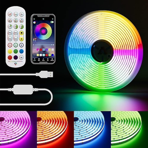 

Bande lumineuse LED cob USB RVB 5 V 1 à 3 mètres, bande lumineuse à changement de couleur, rétro-éclairage TV, ceinture inférieure flexible multicolore, contrôleur d'application musicale adapté pour