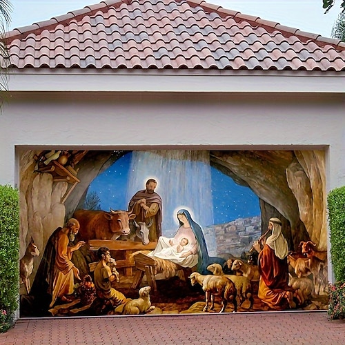 

Weihnachten Outdoor Garagentor Abdeckung Krippe Jesus Weihnachten Tür Banner Party großes Türwandbild Weihnachtshintergrund Dekoration für Ferienhaus Wanddekorationen