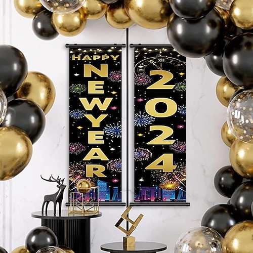 

1pc 2024 New Year Poster with Hangers Courtyard Party Wall Art Canvas Posters Art For Home Living Room Decoration Wall Art Decor