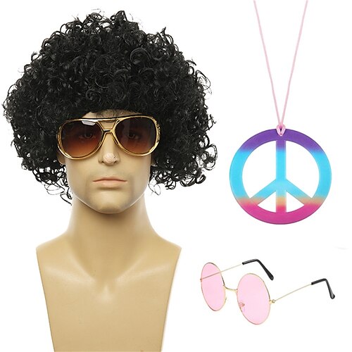 

Perruques des années 70 pour hommes, perruque disco pour fête d'Halloween, perruque courte à plumes brunes avec collier de lunettes