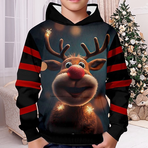 

Christmas Boys 3D Elk Hoodie Pullover Long Sleeve 3D Print Fall Winter Fashion Streetwear Cool Polyester Kids 3-12 Years Hooded Outdoor Casual Daily Regular Fit