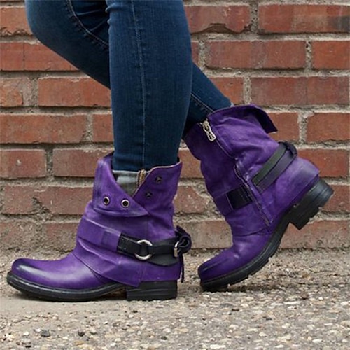 

Women's Boots Motorcycle Boots Plus Size Work Boots Outdoor Daily Solid Color Booties Ankle Boots Winter Buckle Flat Heel Round Toe Vintage Casual Minimalism Faux Leather Zipper Black Blue Purple