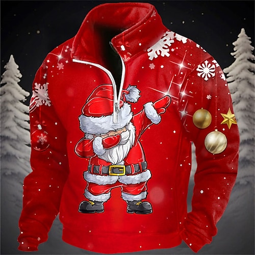 

Santa Claus Graphic Prints Merry Christmas Daily Casual Vintage Retro Men's 3D Print Sweatshirt Pullover Quarter Zipp Hoodie Christmas Vacation Going out Sweatshirts Red Stand Collar Fleece Print